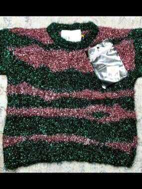 Rare HTF NWT Caroline Bosmans Girls Metallic Pink & Green Tinsel Sweater, Size 8